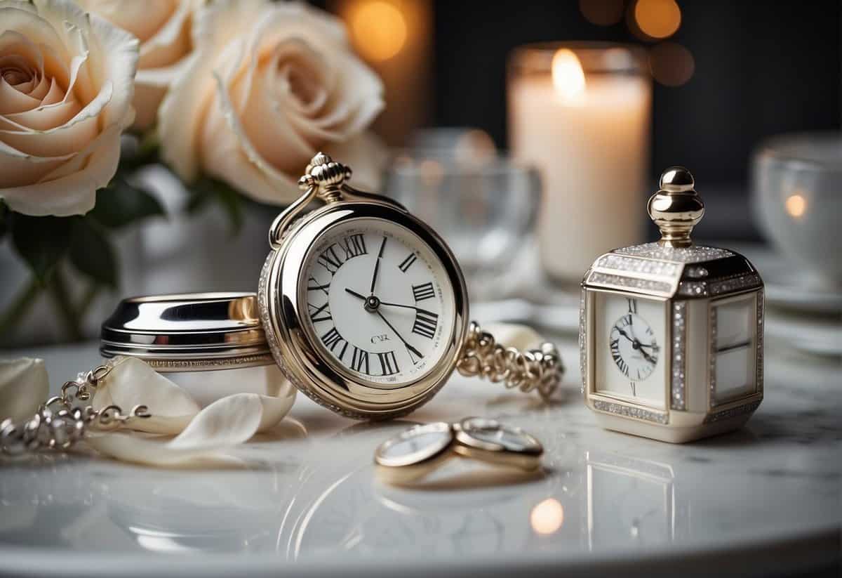 A table set with a mix of traditional and modern gifts - a vase of alabaster roses and a sleek silver watch, surrounded by elegant decor