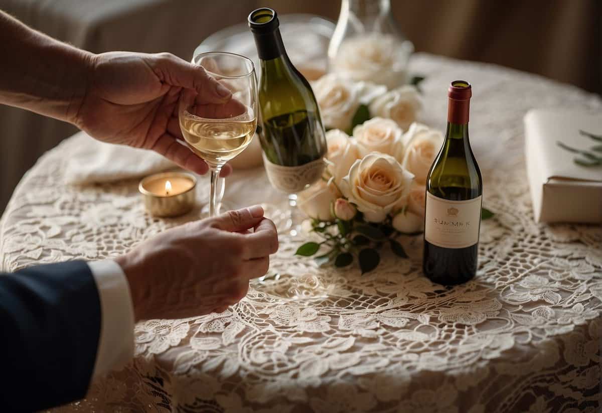 A couple exchanging gifts, surrounded by symbols of 39 years together: a lace tablecloth, a vintage wine bottle, and a framed wedding photo
