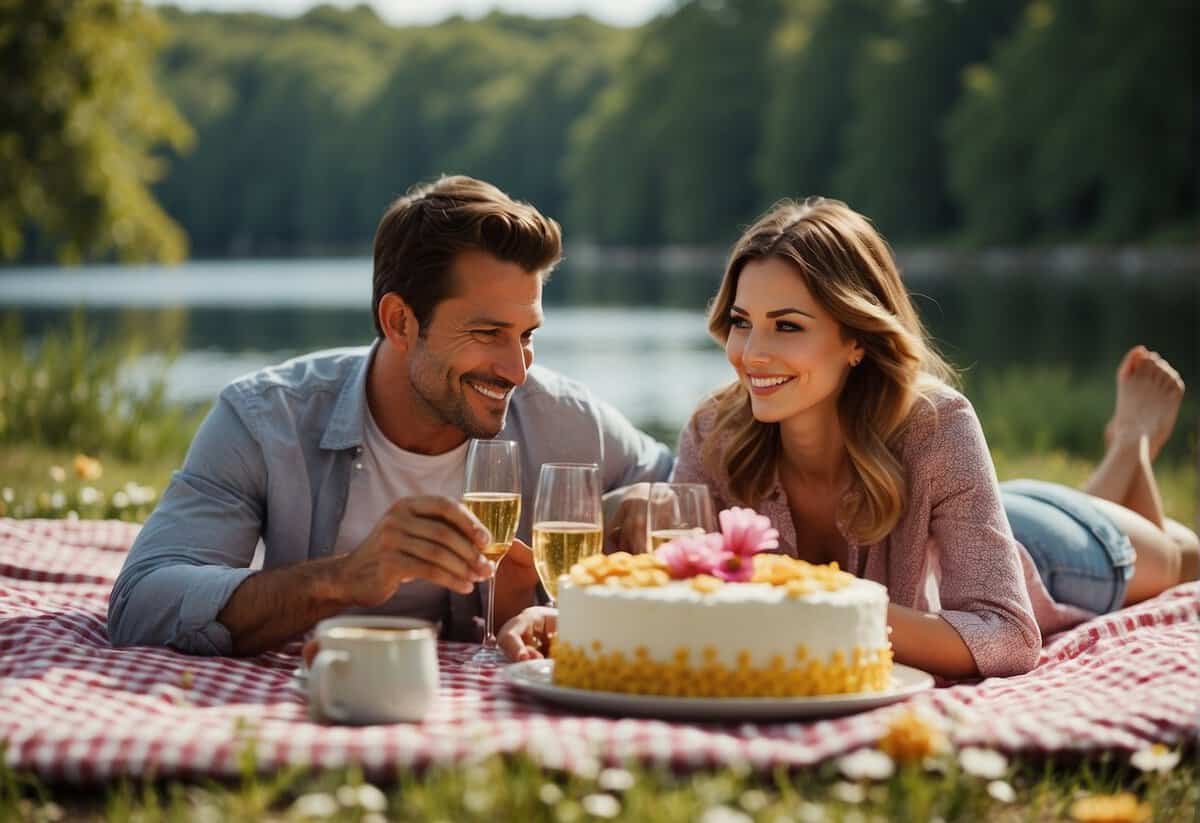 A couple enjoys a picnic in a park, surrounded by colorful flowers and a serene lake. A homemade anniversary cake sits on a checkered blanket, with a bottle of champagne and two glasses nearby
