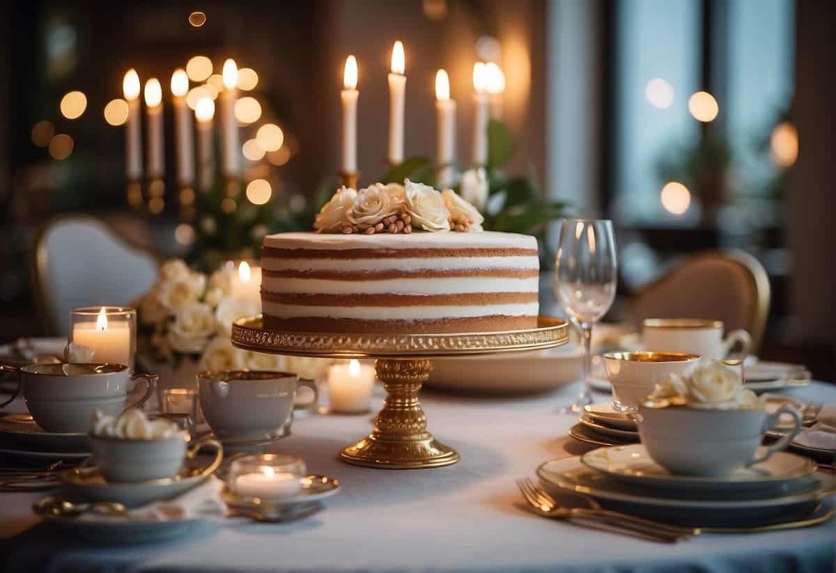 A beautifully set dining table with elegant decorations and a cake adorned with "40th Anniversary" to celebrate the occasion