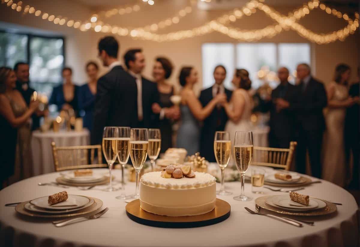 A festive gathering with a large, elegant cake, champagne glasses, and a dance floor surrounded by happy guests