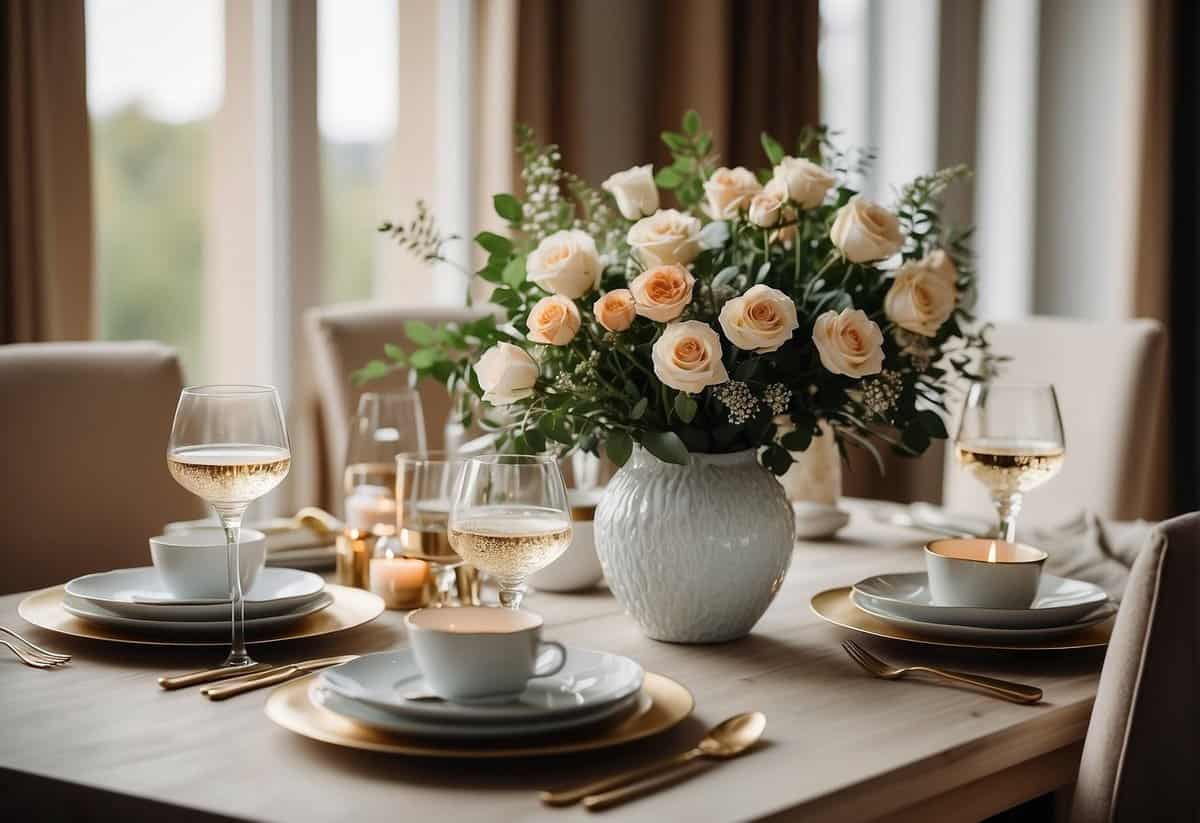 A beautifully set dining table with elegant dinnerware, a vase of fresh flowers, and a bottle of champagne, surrounded by cozy home decor and lifestyle gifts