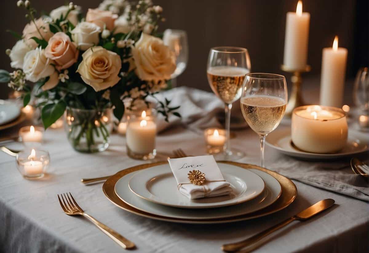 A romantic dinner table set with candles, flowers, and a bottle of champagne. A framed wedding photo and a handwritten love note sit nearby