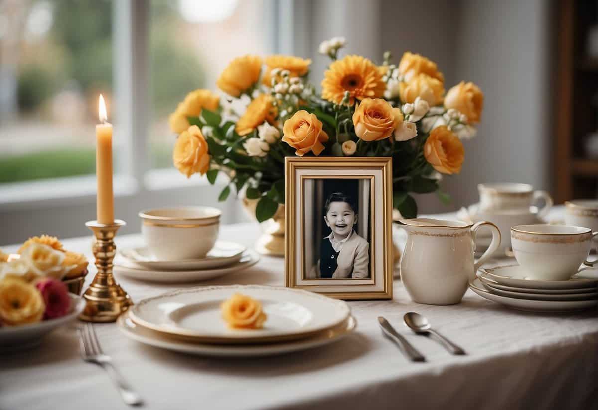 A dining table adorned with elegant tableware and a centerpiece of fresh flowers, surrounded by family photos and a cake with "41st Anniversary" written in icing
