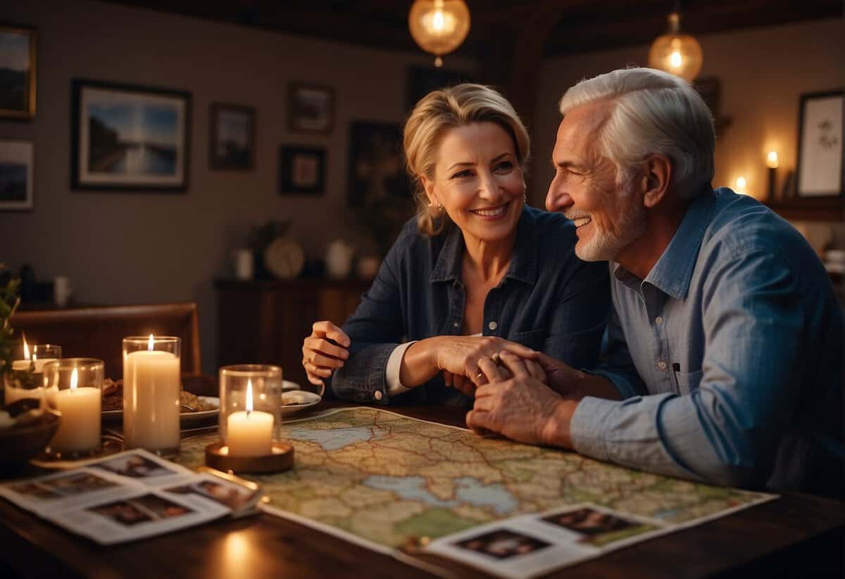 A couple sitting at a candlelit dinner table, surrounded by photos of their 41 years together. A map and travel brochures lay nearby, hinting at future adventures