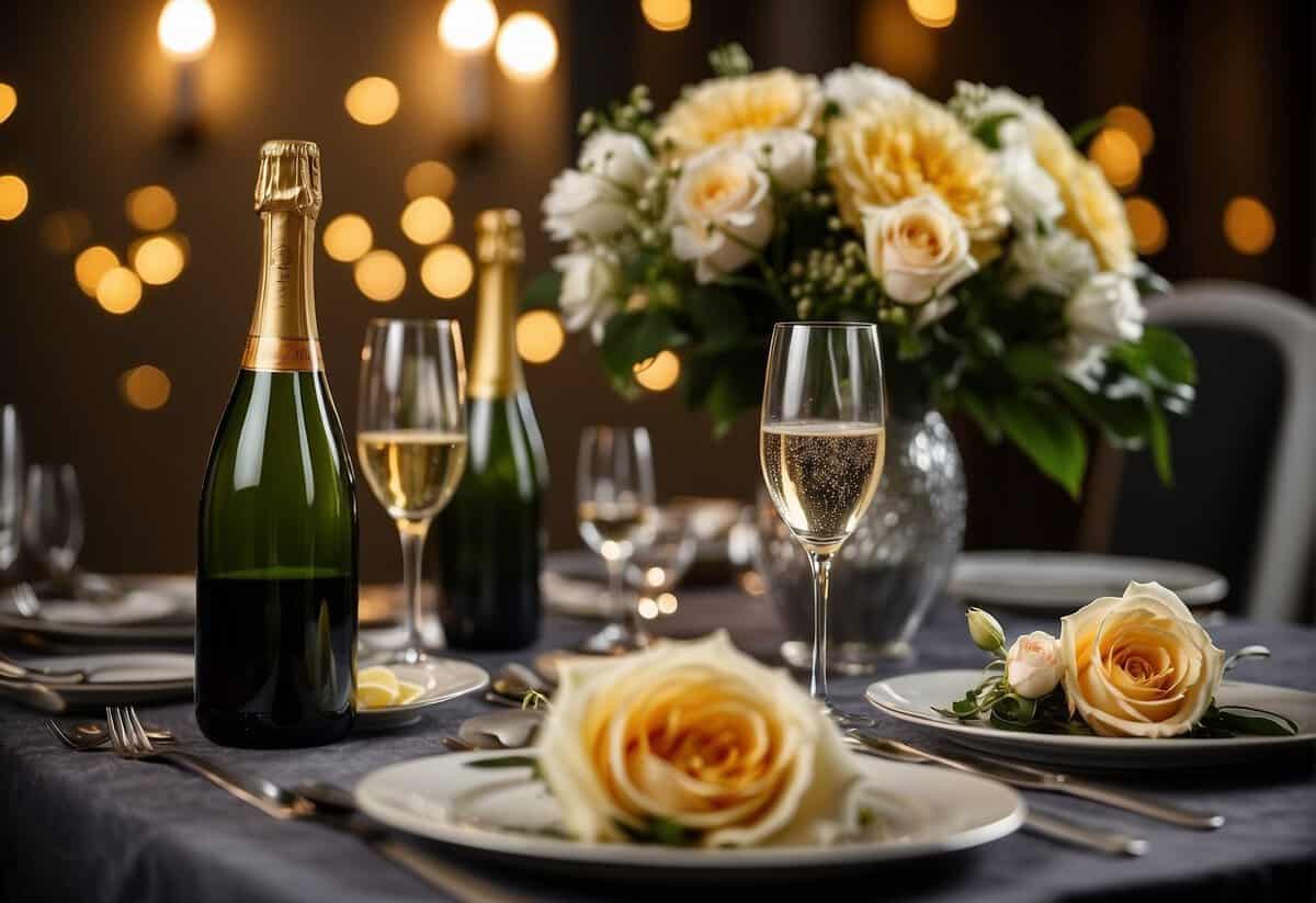 A couple's dining table set with elegant dinnerware, a bouquet of flowers, and a bottle of champagne to celebrate their 42nd wedding anniversary