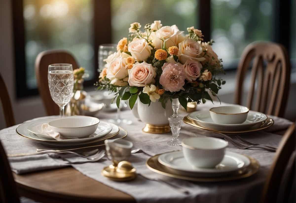 A dining table set with elegant dinnerware, a bouquet of mixed flowers, and a wrapped gift box with a ribbon