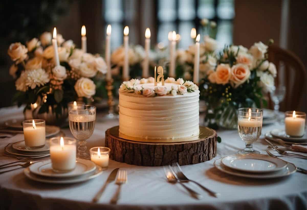 A table adorned with flowers, candles, and a beautifully decorated cake. A couple's wedding photo displayed prominently. Lists of anniversary celebration ideas scattered around