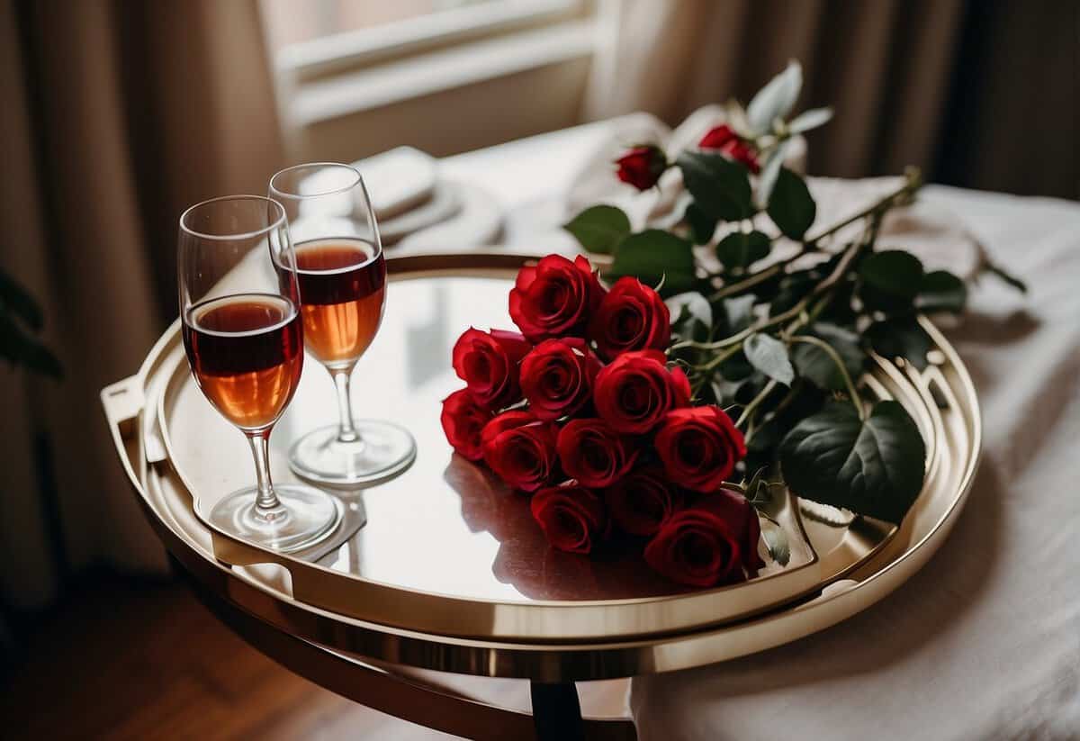 A breakfast tray with a vase of red roses, a handwritten love note, and a bottle of champagne on a neatly set table