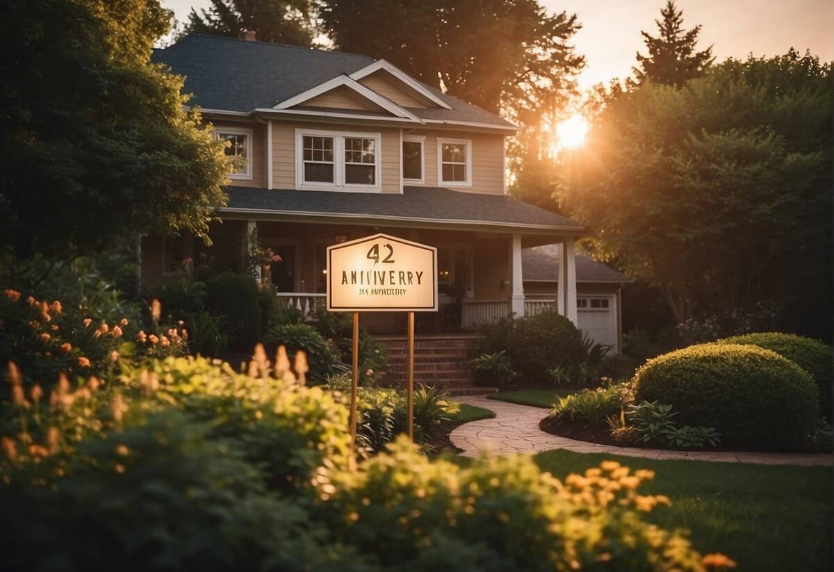 A cozy home with a "42nd anniversary" sign in the yard, surrounded by lush landscaping and a beautiful sunset in the background