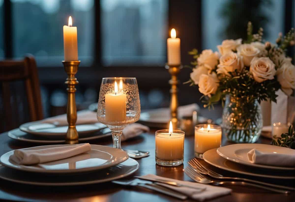 A table set with flowers, candles, and a bottle of champagne. A photo album and a framed wedding picture are displayed