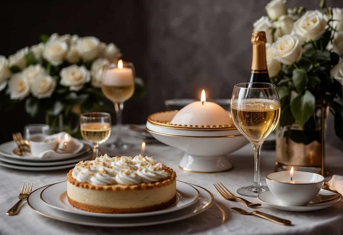 A table set with elegant dinnerware, adorned with flowers and candles. A bottle of champagne chilling in an ice bucket. A cake with "Happy 43rd Anniversary" written in icing