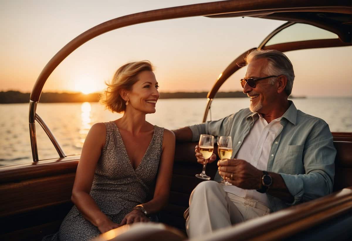 A couple enjoying a scenic sunset cruise, sipping champagne and reminiscing on 43 years of love and adventure