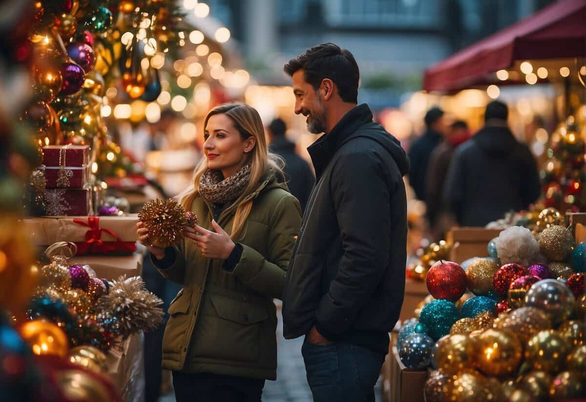 A couple browsing through a variety of gifts at a bustling market, surrounded by colorful displays and festive decorations