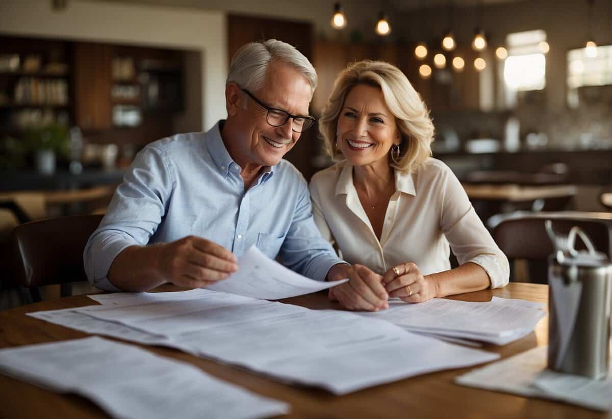 A couple sits at a table covered in papers, discussing and brainstorming ideas for their 43rd wedding anniversary celebration. A budget sheet and various planning tools are spread out in front of them