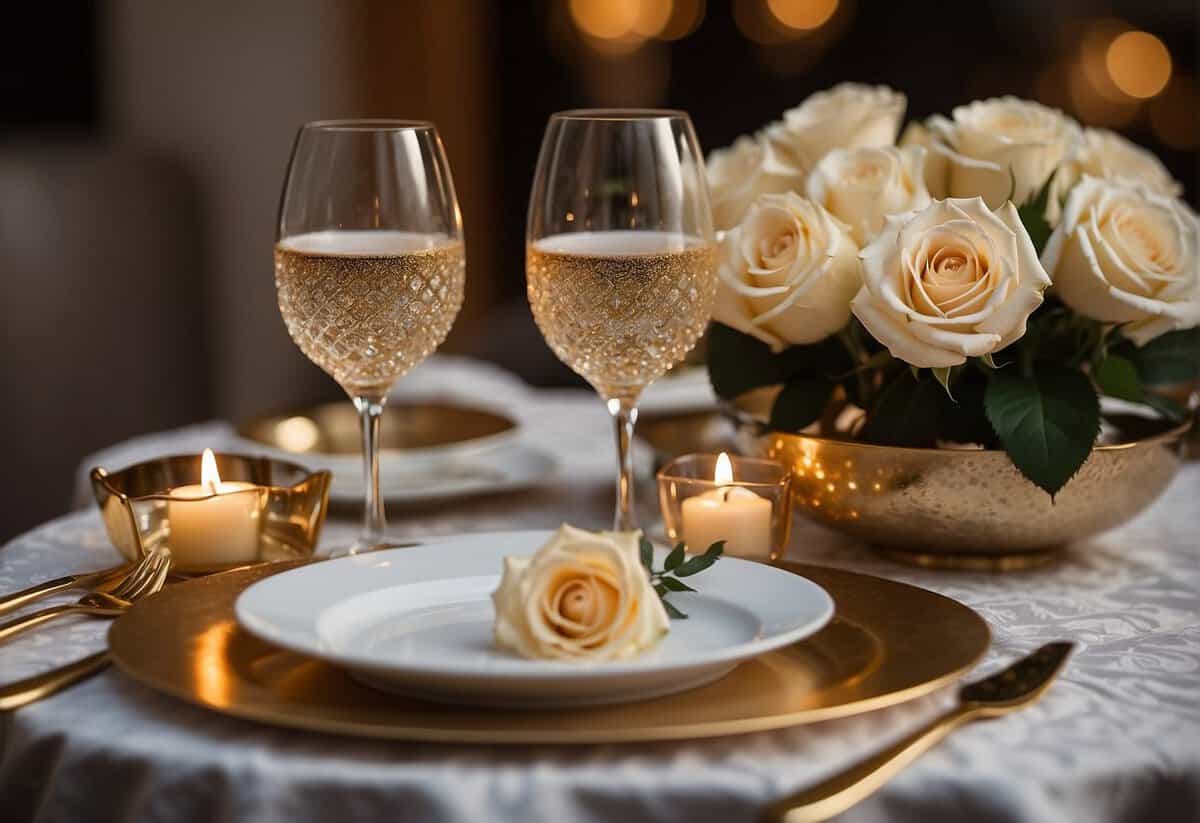 A table set with elegant dinnerware and a bouquet of roses. A golden "45" cake topper and a framed wedding photo. Candles and champagne glasses