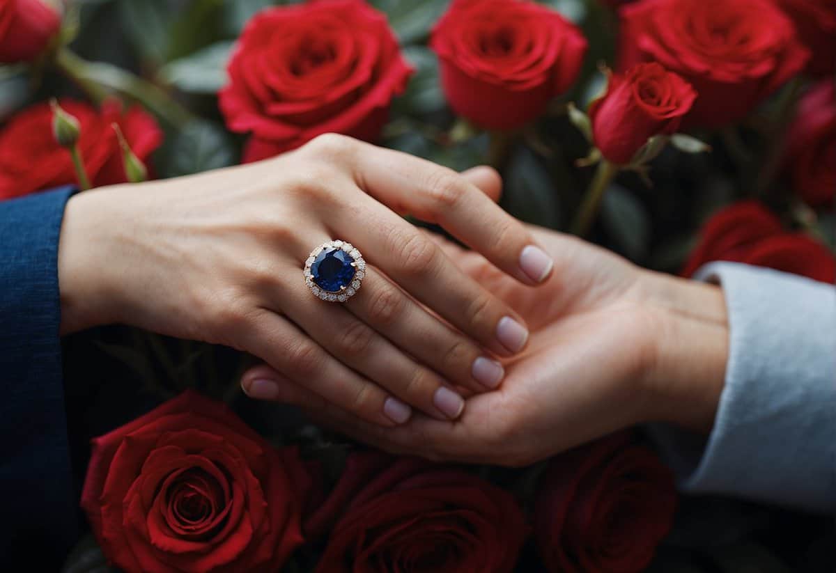 A couple's hands clasping a sapphire and ruby encrusted 45th anniversary ring, surrounded by blooming sapphire and ruby red roses