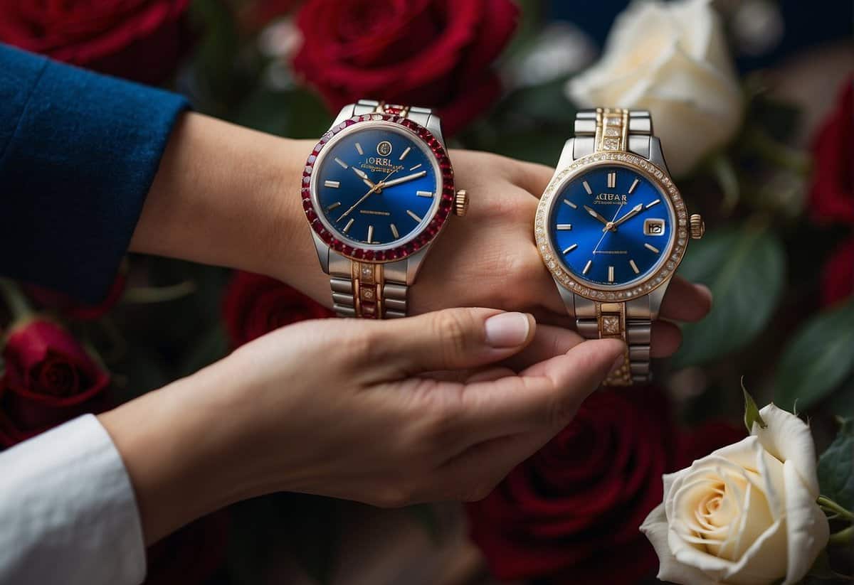 A couple's hands exchanging a sapphire and ruby jewelry set, surrounded by blooming sapphire blue and ruby red roses, with a backdrop of a vintage clock showing 45 years