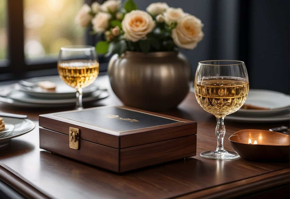A beautifully set dining table with personalized 45th anniversary gifts, such as engraved wine glasses, a custom photo album, and a bespoke wooden keepsake box