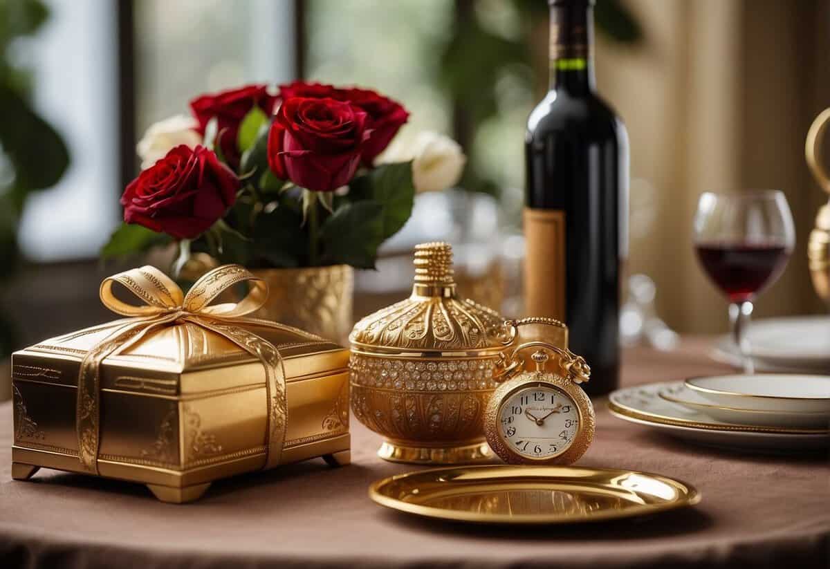 A table set with elegant gifts, including a bottle of wine, a pair of engraved watches, and a bouquet of roses, all surrounded by golden 45th anniversary decorations