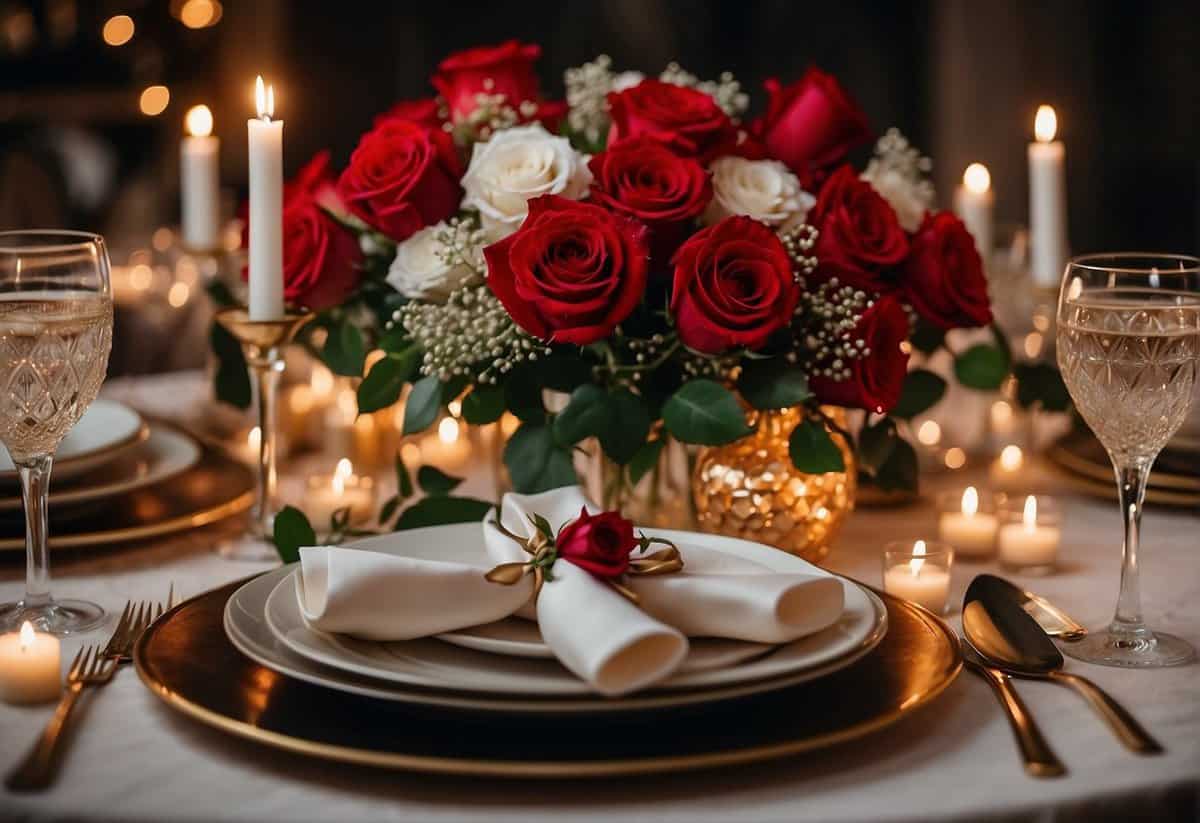 A table set with elegant dinnerware, surrounded by 46 candles in varying heights. A bouquet of red roses and a bottle of champagne sit as the centerpiece