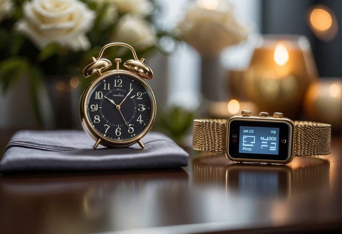A table with a mix of traditional and modern gifts for a 46th wedding anniversary, such as a vintage clock and a sleek smartwatch, arranged in an elegant setting