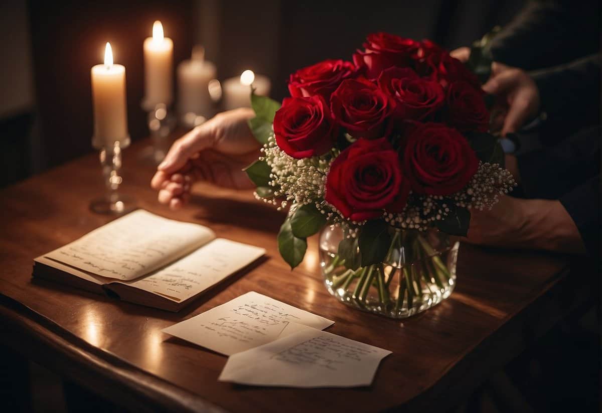 A couple's hands exchanging a bouquet of red roses and a handwritten love letter on a candlelit table
