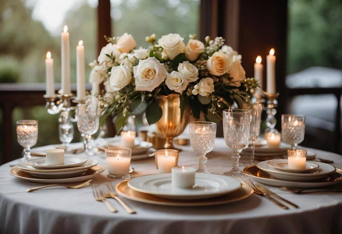 A beautifully set table with elegant 46th anniversary decor, including flowers, candles, and personalized touches
