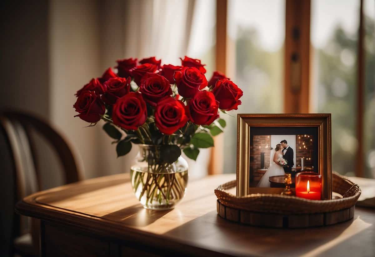 A table set with a vase of red roses, a framed wedding photo, and a personalized anniversary gift. The room is filled with warm light, creating a cozy and romantic atmosphere