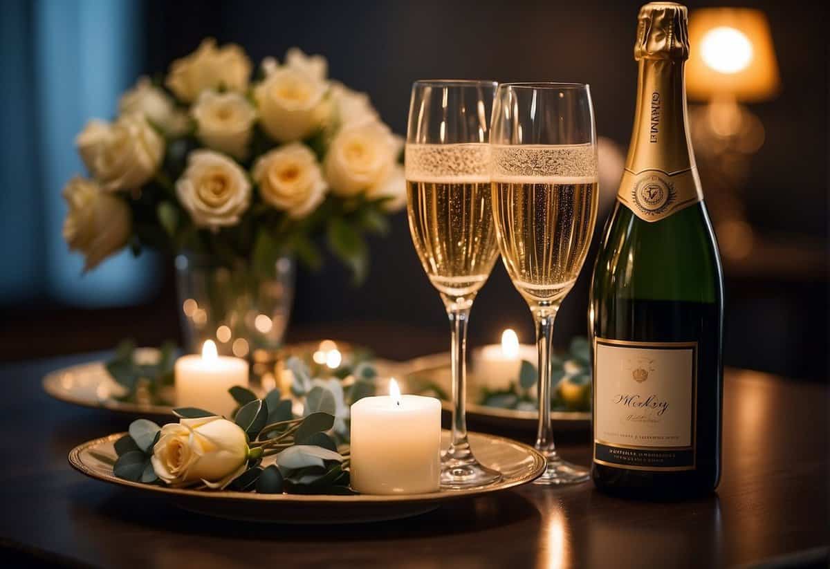 A cozy dining table set with a bouquet of flowers, a bottle of champagne, and two elegant champagne glasses. A framed wedding photo is displayed prominently, surrounded by flickering candles