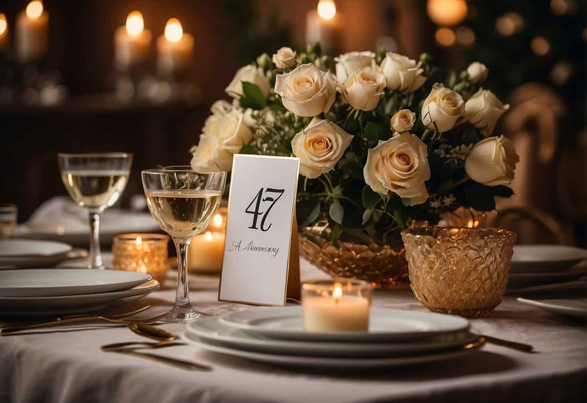 A table set with elegant dinnerware, surrounded by 47 candles, a bouquet of flowers, and a bottle of champagne. A banner reading "47th Anniversary" hangs in the background