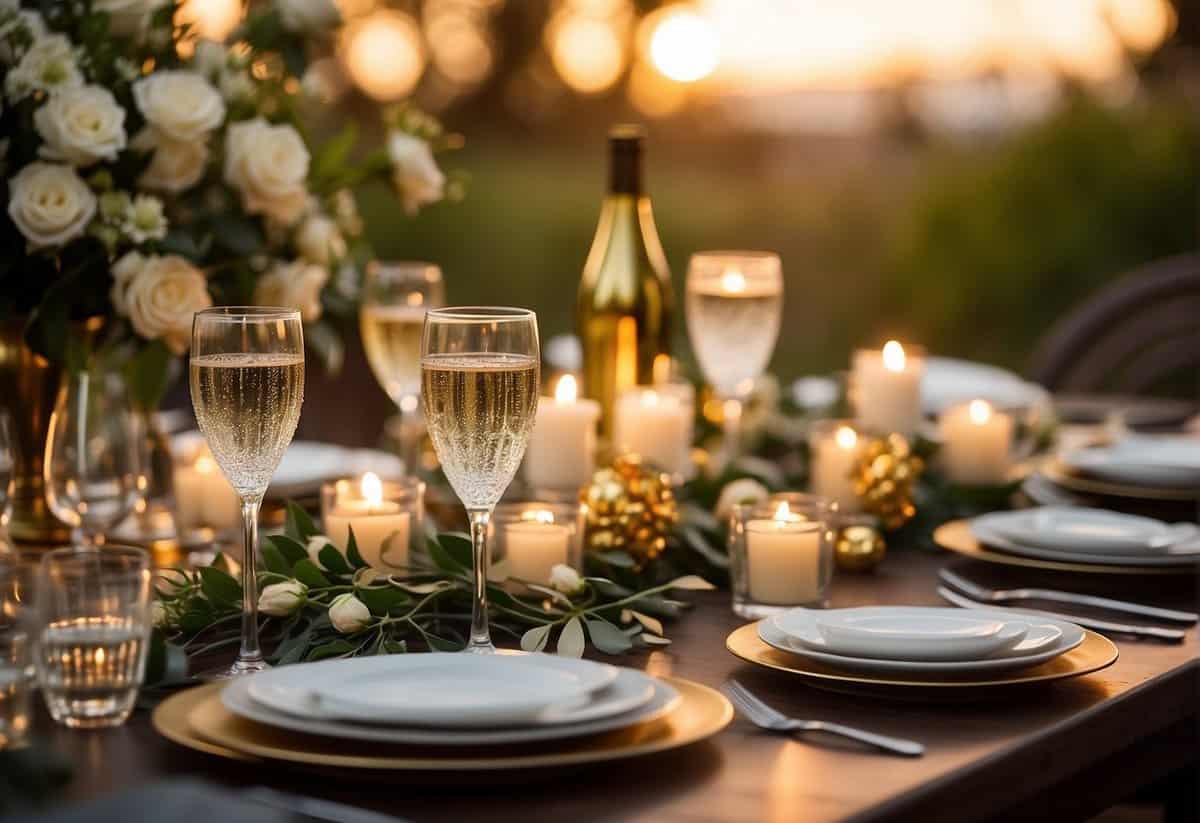 A beautifully set table with a bouquet of flowers, champagne glasses, and a candle-lit dinner. A golden "48" centerpiece adds a celebratory touch