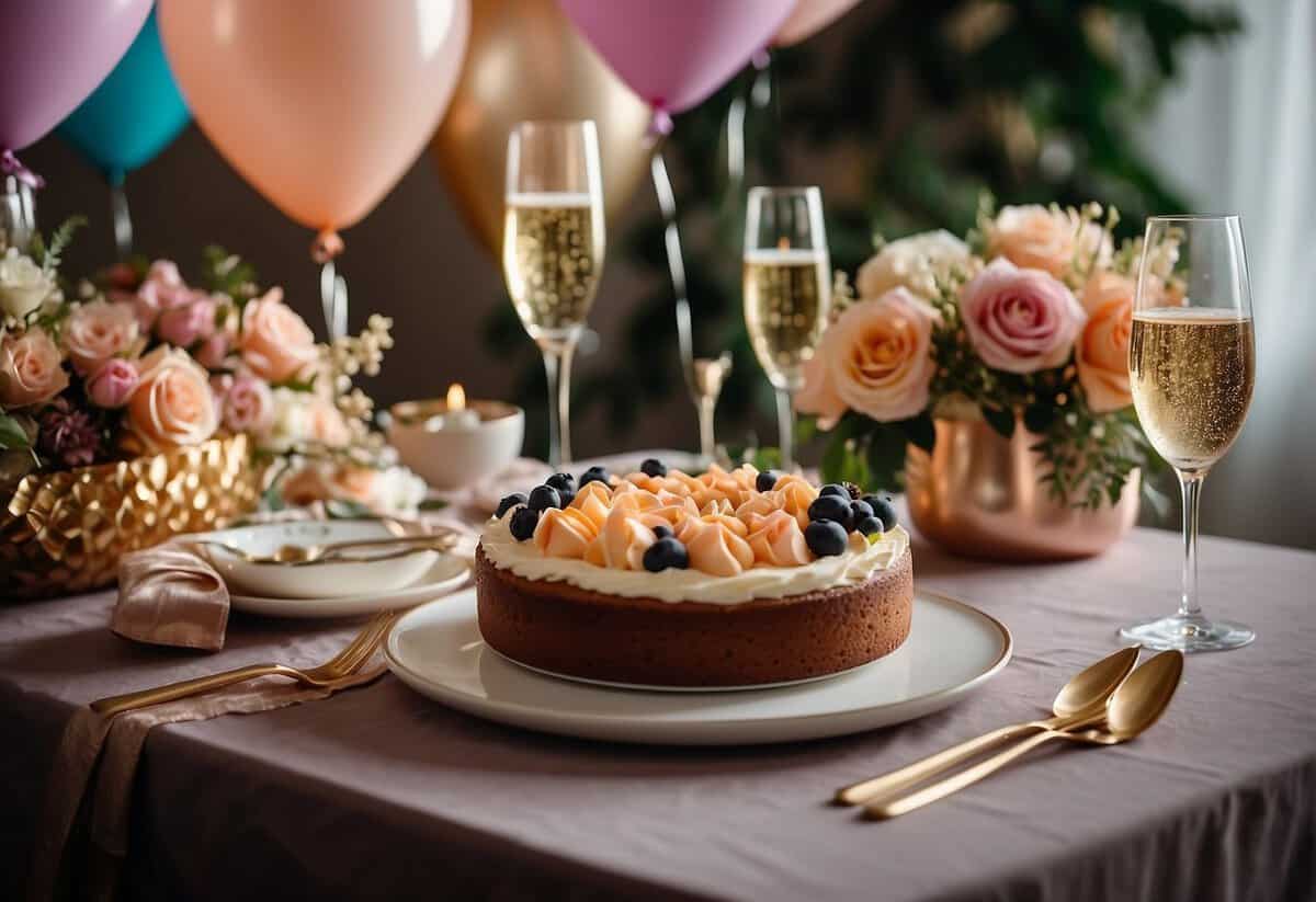 A beautifully set table with a bouquet of flowers, sparkling champagne glasses, and a delicious anniversary cake. Balloons and streamers add a festive touch to the room