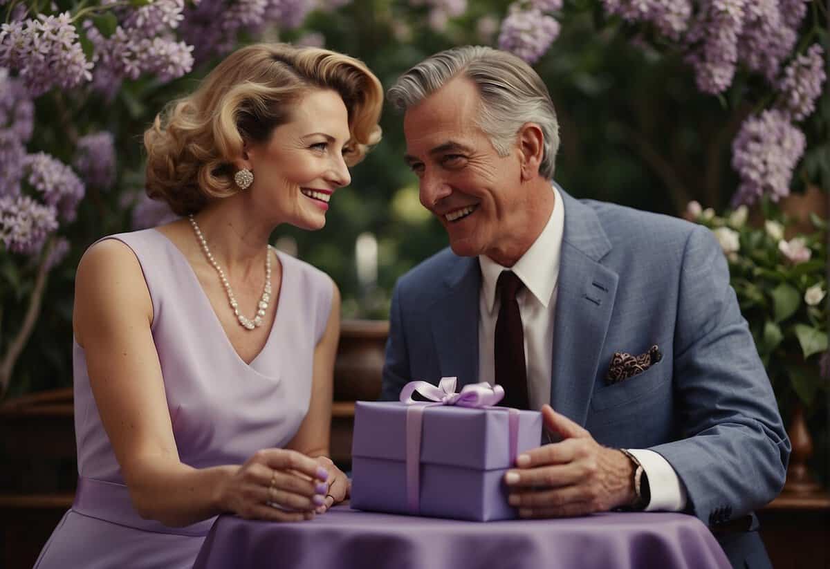 A couple exchanging gifts, surrounded by traditional 48th anniversary symbols like amethyst and optical glass, with a backdrop of lilac flowers and vintage photographs