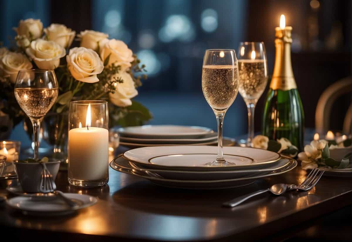 A dining table set with elegant dinnerware, a bouquet of flowers, and a bottle of champagne. Candles flicker, casting a warm glow over the scene