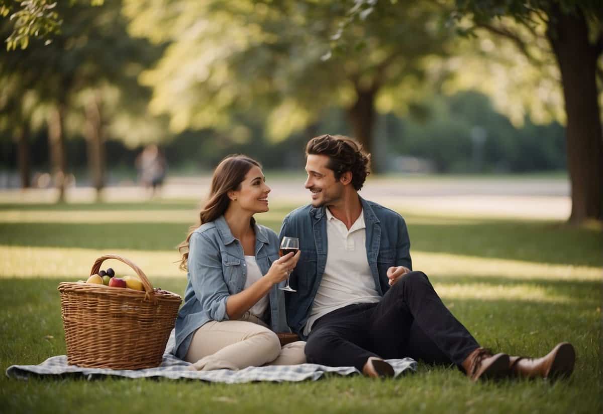 A couple sitting on a park bench, surrounded by nature and enjoying a picnic. A basket filled with food and a bottle of wine are placed on the ground, while the couple shares a loving gaze
