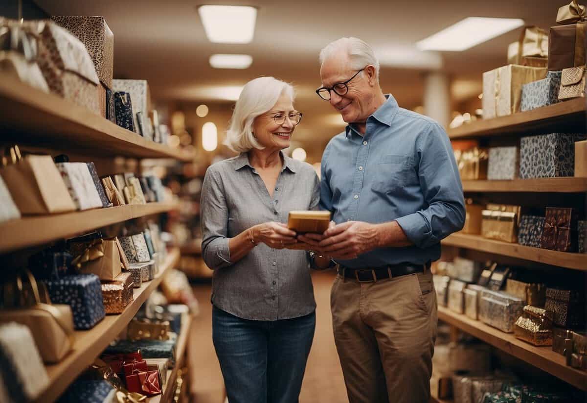 A couple browsing through a variety of gift options, with a focus on traditional and modern 48th wedding anniversary presents