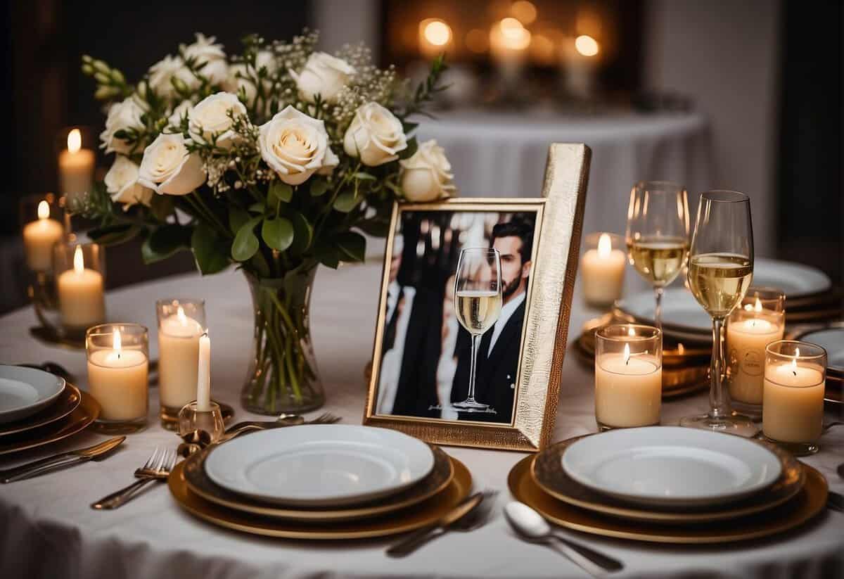 A dining table set for two with a bouquet of flowers and a bottle of champagne. A framed wedding photo sits in the center, surrounded by anniversary cards and a cake with "49" candles