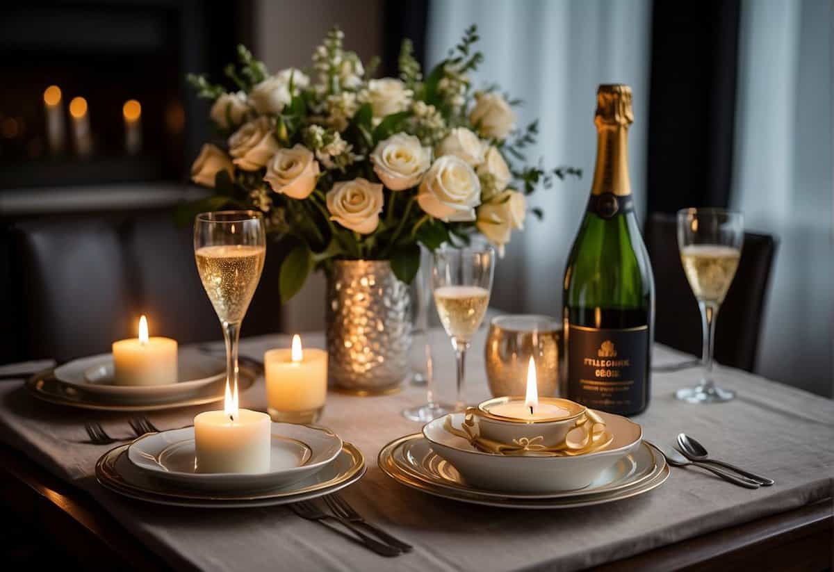 A table set with elegant dinnerware, surrounded by flickering candles and a bouquet of flowers. A bottle of champagne sits chilling in a bucket of ice, ready to be opened in celebration