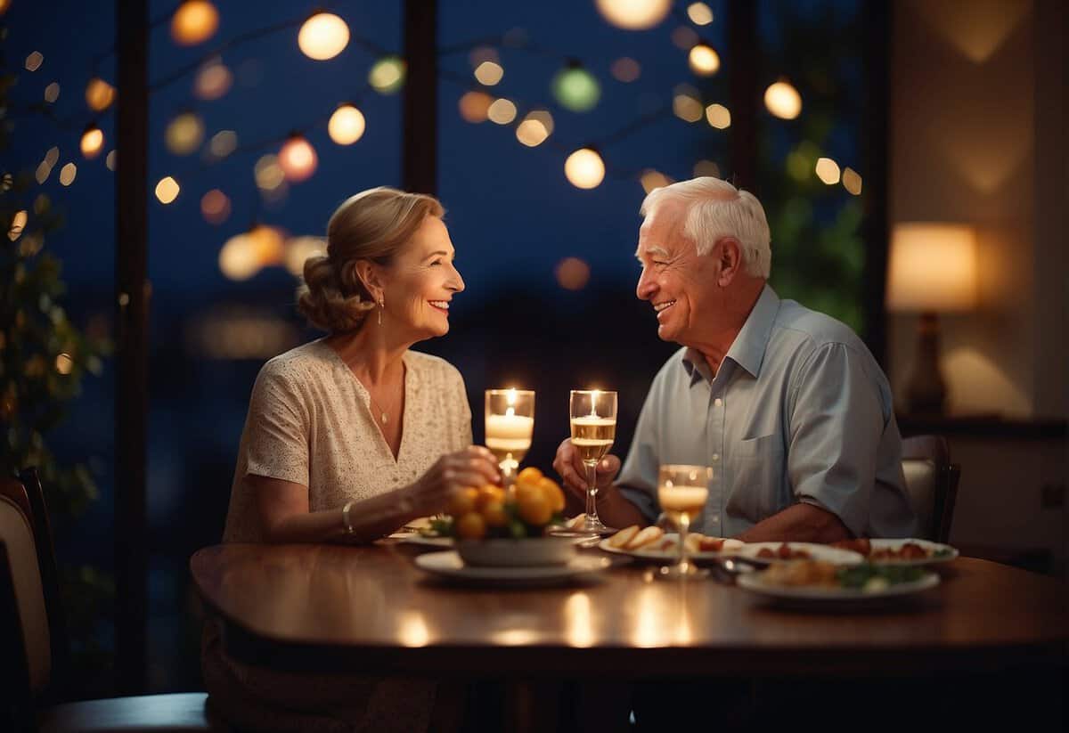A couple celebrating their 49th anniversary with a romantic dinner, exchanging gifts, and reminiscing about their journey together