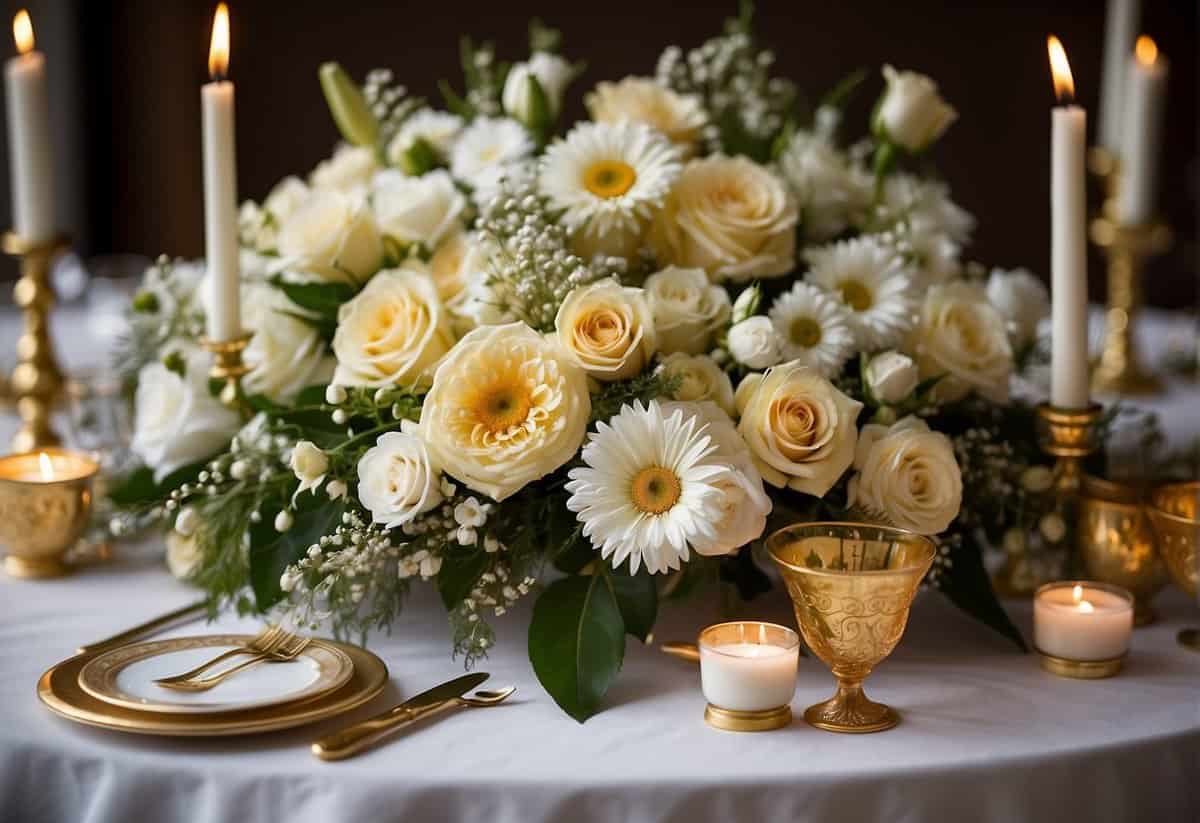 A table adorned with a lavish floral arrangement, featuring roses, lilies, and daisies. A golden "49" emblem and intertwined rings symbolize the enduring love of a 49th wedding anniversary