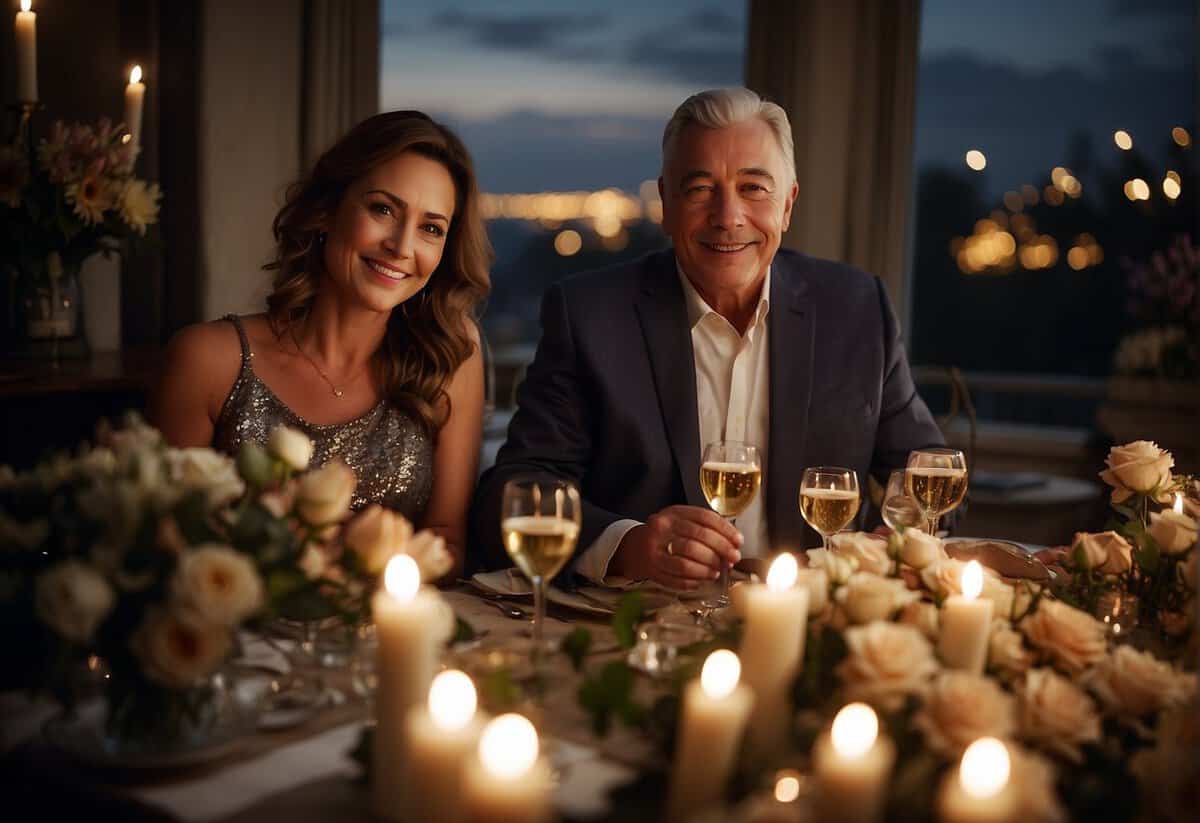 A couple sits at a candlelit table, surrounded by photos from their 49 years together. A bottle of champagne and a bouquet of flowers adorn the table, creating a romantic atmosphere