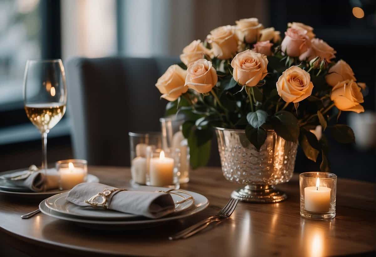 A couple's dining table set with elegant dinnerware, surrounded by flickering candles and a bouquet of roses. A bottle of champagne chilling in an ice bucket, with a handwritten card and a gift box nearby