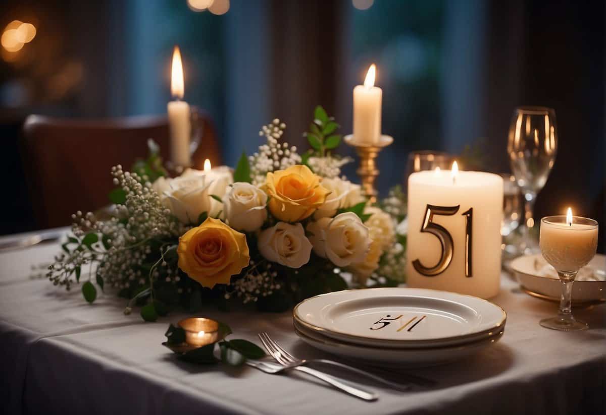 A couple's 51st anniversary dinner with a table set for two, adorned with flowers and candles, and a cake with "Happy 51st Anniversary" written on it