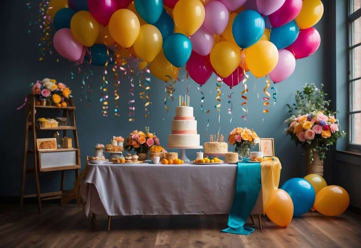 Colorful banners and balloons adorn a festive room. A large "51" cake sits on a table surrounded by flowers and framed photos. Streamers and confetti add to the lively atmosphere