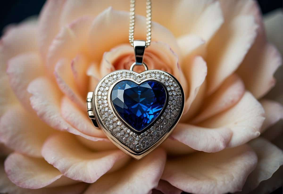 A sapphire-encrusted heart locket rests on a bed of rose petals, surrounded by two intertwined silver rings. A soft glow emanates from the precious stones, symbolizing enduring love and commitment