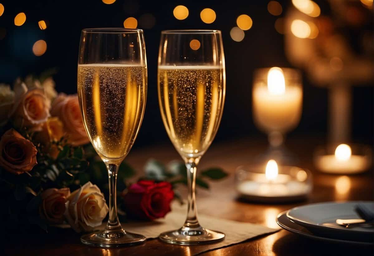 A couple's 51st anniversary celebration with champagne, flowers, and a romantic dinner by candlelight