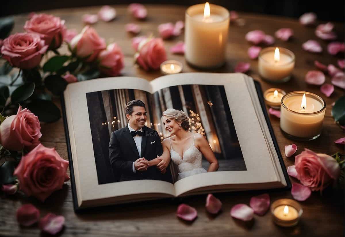 A couple's wedding photo album open on a table, surrounded by scattered rose petals and a candle, symbolizing 51 years of love and memories