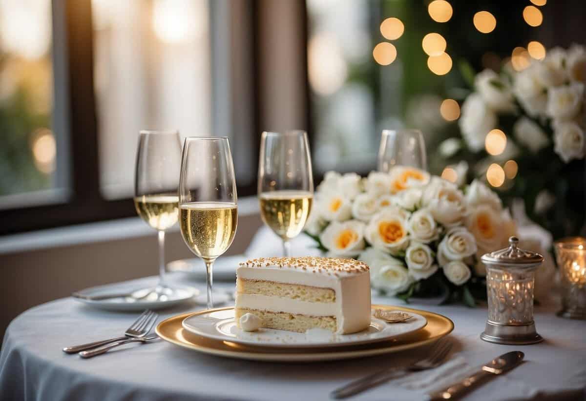 A table set with a white tablecloth and adorned with a bouquet of flowers, two champagne glasses, and a silver anniversary cake with "52" on top