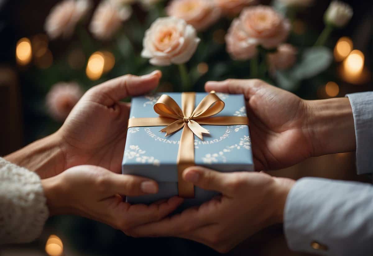 A couple's hands exchanging a gift box with a 52nd anniversary symbol on it. A background of flowers and a romantic setting